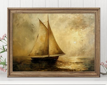 May include: A framed painting of a sailboat on the water with a golden sky and a sun in the distance.