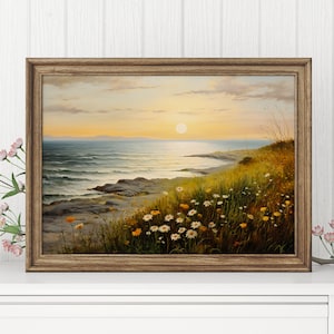 Horizontal Spring Floral Print, Wildflowers by the Sea Print, Country Cottage Art, Vintage Print, Flowers Digital Art, Trendy Oil Paint