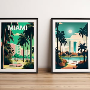 May include: Two framed prints with a Miami theme. The left print features a pink car driving through a palm tree lined street with the word "MIAMI" in white text. The right print shows a view of a city skyline with palm trees in the foreground.