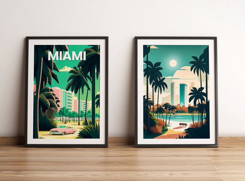 May include: Two framed prints with a Miami theme. The left print features a pink car driving through a palm tree lined street with the word "MIAMI" in white text. The right print shows a view of a city skyline with palm trees in the foreground.