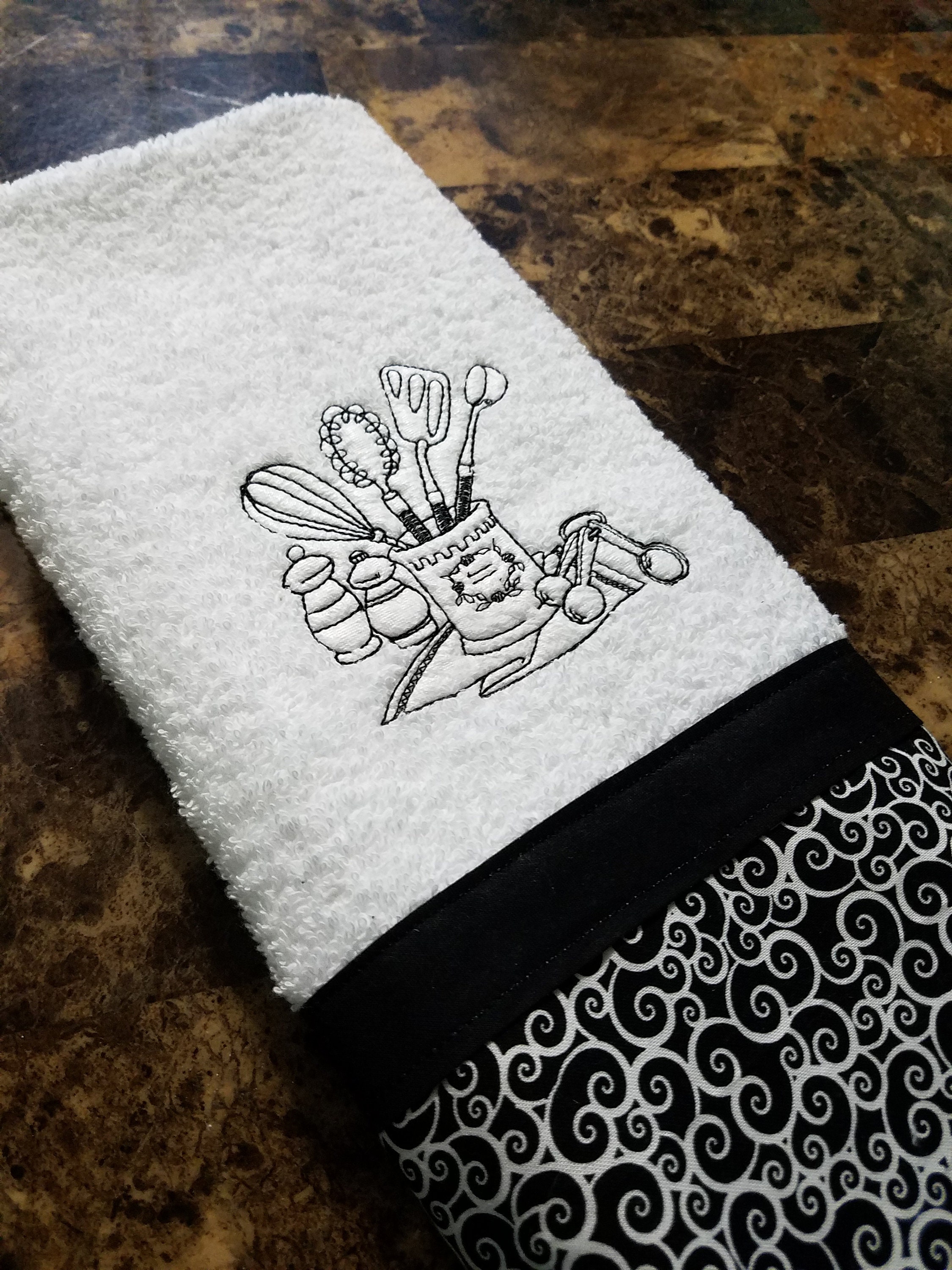 Black and white kitchen towel embroidered towel decorative Etsy