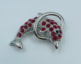 Dolphin Red Rhinestone Silvertone Vintage Brooch