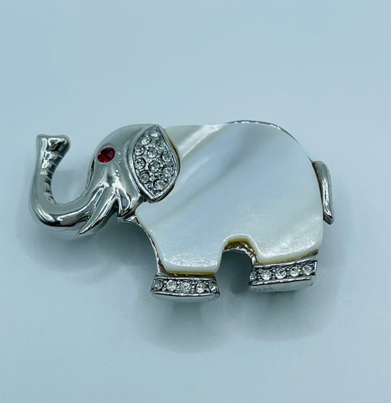 Elephant Mother of Pearl Clear Red Rhinestone Sil… - image 1