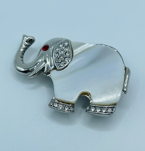 Elephant Mother of Pearl Clear Red Rhinestone Sil… - image 5