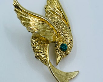 Hummingbird Green Clear Rhinestones Vintage Brooch
