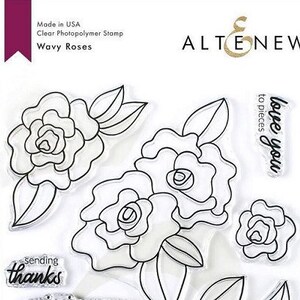May include: A clear photopolymer stamp set with the words "love you to pieces", "sending thanks", "missing you so much bestie", "I'm just a call away", "a little something for you", "wish you were here", "you make every day awesome", "thank you for always having my back", "hello did you miss me?", "I hope this makes you smile" and images of wavy roses and leaves.