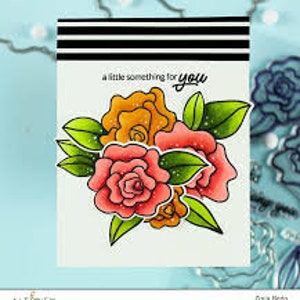 May include: A greeting card with a bouquet of pink and orange roses with green leaves and the text "a little something for you".