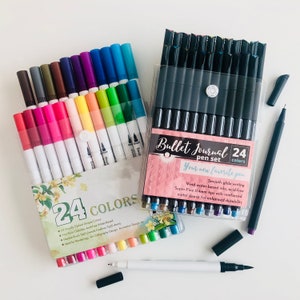 Bullet Journal Pens Bundle | 24 Color Journal Fine Tip Planner Pens + 24 watercolor marker pens for drawing, bullet journaling