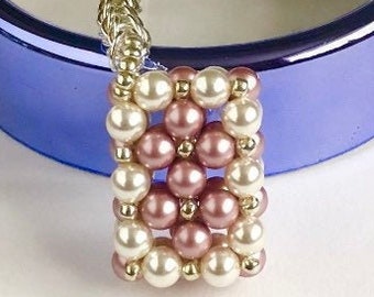 Handbag Charm, Initialled, Cream and Pink Crystal Pearl, Rectangle Box Shape, with a Chainmaille chain, Keyring