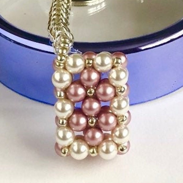 Handbag Charm, Initialled, Cream and Pink Crystal Pearl, Rectangle Box Shape, with a Chainmaille chain, Keyring