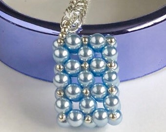 Handbag Charm, Initialled, Blue  Crystal Pearl Rectangle Box Shape, with a Chainmaille chain, keyring