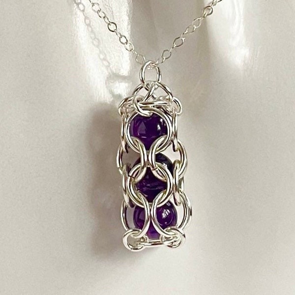 Sterling Silver Amethyst Caged Gemstone Chainmaille pendant with an 18 or 20 inch chain