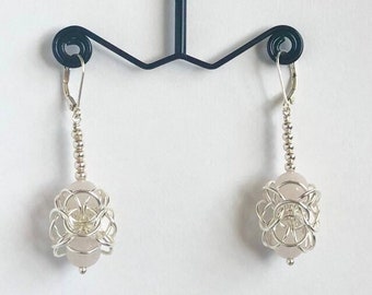 Rose Quartz Ladies Earrings, Ornate Chainmaille, Sterling Silver Dangle Drop Earrings