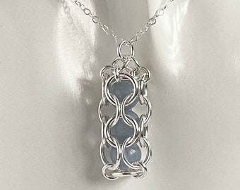 Sterling Silver Angelite Caged Gemstone Chainmaille pendant with an 18 or 20 inch chain