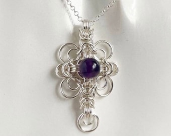 Sterling Silver Amethyst Celtic Style Chainmaille Pendant Necklace with an 18 or 20 inch chain
