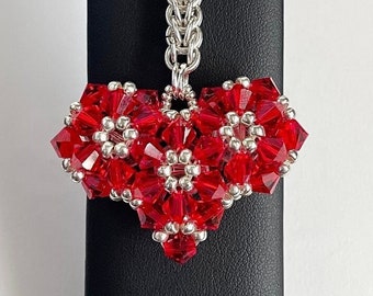 Elegant Red Wide Heart Shaped Crystal Initialled Handbag Charm, with a Chainmaille Chain, Keyring