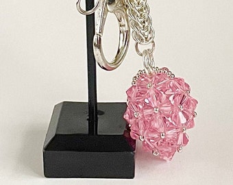 Handbag Charm, Initialled, Rose Pink Crystal Shaped Egg, with a Chainmaille Chain, Keyring
