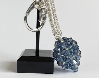 Handbag Charm, Initialled, Denim Blue Crystal Shaped Egg, with a Chainmaille Chain, Keyring