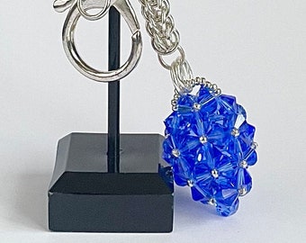 Handbag Charm, Initialled, Blue Crystal Shaped Egg, with a Chainmaille Chain, Keyring