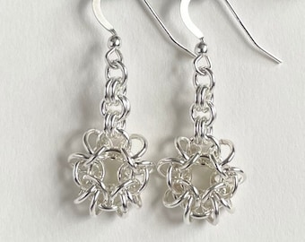Sterling Silver Flower Chainmaille Ladies Earrings with Shepherd Hooks