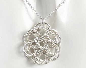 Sterling Silver Moorish Rose Chainmaille Ladies Pendant, on an 18 or 20 Inch Chain