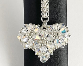 Elegant Clear AB Wide Heart Shaped Crystal Initialled Handbag Charm, with a Chainmaille Chain, Keyring