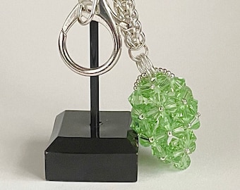 Handbag Charm, Initialled, Peridot Crystal Shaped Egg, with a Chainmaille Chain, Keyring