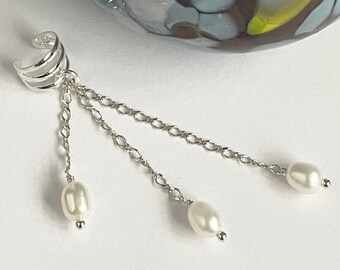 Sterling Silver Pearl Cuff Cascade Drop Earrings
