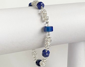 Lapislázuli Plata de ley Byzantine Chainmaille Pulsera