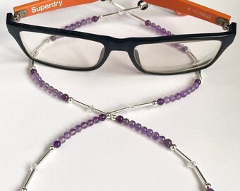 Sterling Silver Amethyst Glasses chain with Clear Quartz Round Gemstones