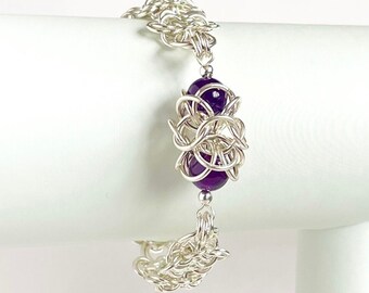 Sterling Silver Captured Amethyst Chainmaille Ladies Bracelet with a Toggle Clasp
