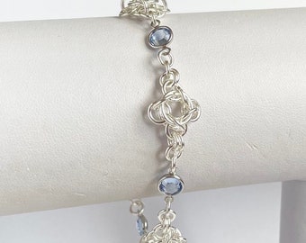 Blue Crystal Sterling Silver Chainmaille bracelet
