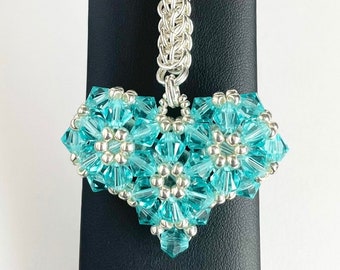 Turquoise Crystal Heart Handbag Charm, Chainmaille Keyring, Initial Option