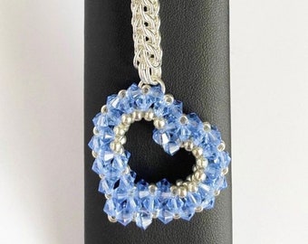 Handbag Charm, Initialled,  Crystal Blue Open Heart, with a Chainmaille chain, keyring