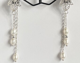 Sterling silver freshwater pearl leaf earrings, versatile single or double strand