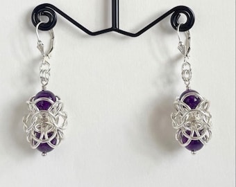 Amethyst Earrings, Ornate Chainmaille, Sterling Silver, Ladies Dangle Drop Earrings