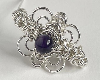 Sterling Silver Amethyst Chainmaille, Ladies Stylish Celtic Style Brooch