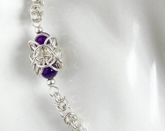 Sterling Silver Amethyst Byzantine Chainmaille Necklace, Adjustable Length