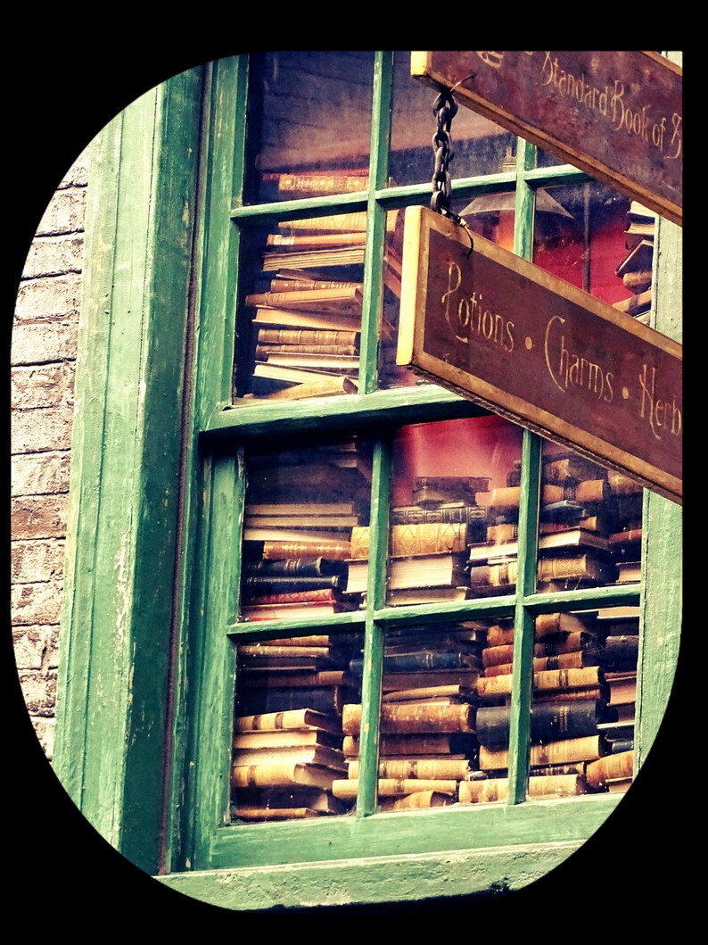 May include: A green wooden window with stacks of books inside. The window has two signs hanging from it. The top sign says "Standard Book of..." and the bottom sign says "Potions, Charms, Herbs".