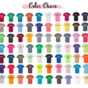 May include: A color chart displaying a variety of t-shirt colors. The chart includes a range of hues, from Antique Cherry to Yellow Maize, with each color represented by a small t-shirt sample and its corresponding name.