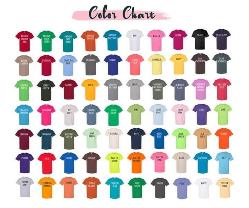 May include: A color chart displaying a variety of t-shirt colors. The chart includes a range of hues, from Antique Cherry to Yellow Maize, with each color represented by a small t-shirt sample and its corresponding name.