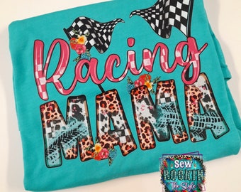 Racing Mama, Race Life T-shirt, Racing, Dirt Track Racing, Street Racing, Drag Racing, Floral Leopard Design, Checkerboard Pattern, Race Mom