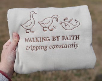 Walking By Faith Tripping Constantly, Religious Embroidered Crewneck,Plus Size, Tan Sweatshirt, Easter