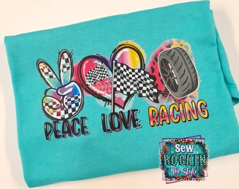 Peace Love Racing,Race Life T-shirt, Racing T shirt, Dirt Track Racing, Street Racing, Drag Racing, Multicolor Design, Checkerboard Pattern