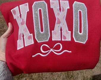 XOXO Valentine Crewneck, Red Sweatshirt, Coquette bow, Embroidered Crewneck, Silver Glitter Applique
