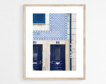 Blue Door Photography Print, Lisbon Portugal Wall Art, Portuguese Tile Home Decor, Alfama Canvas Print, Cobalt Blue Artwork, Office Decor