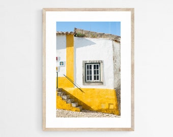 Obidos Portugal Photo Print, Yellow House Art, Europe Travel Photography, Mustard Yellow Wall Decor, Colorful Art Print, 24x36 Canvas Art
