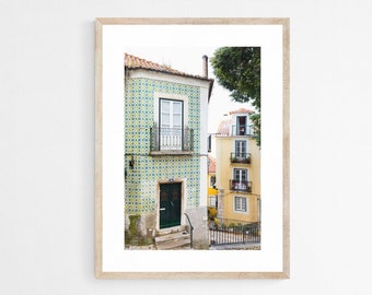 Alfama Lisbon Print, Green and Yellow Art Print, Portugal Wall Art, Portuguese Tile Art, Lisbon Wall Art, Colorful Art Print, Vertical Print