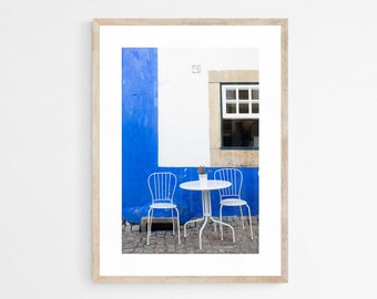 Bold Blue Art Print for Dining Room Decor, Óbidos Portugal Travel Photography for Kitchen, 12x18 Cafe Chair Art, Europe Photography Print