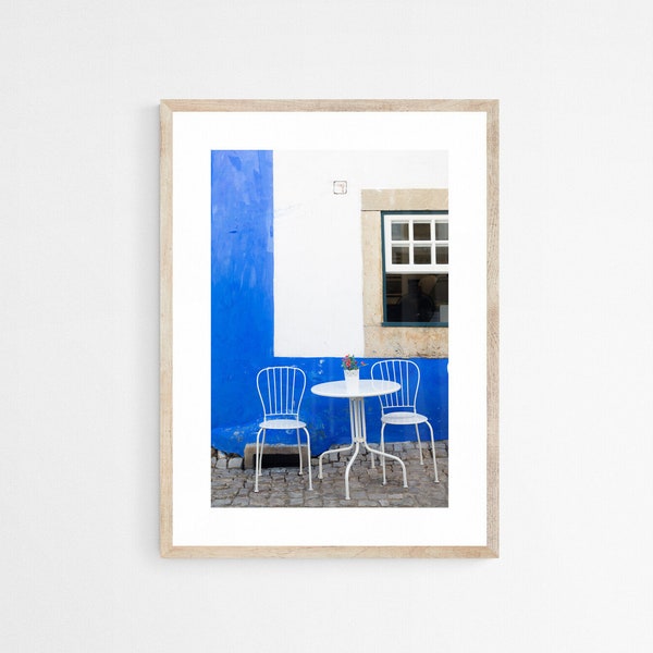 Bold Blue Art Print for Dining Room Decor, Óbidos Portugal Travel Photography for Kitchen, 12x18 Cafe Chair Art, Europe Photography Print